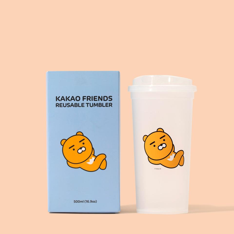 Transparent Reusable Tumblers KakaoFriends Licensed Design - 16.9oz travel coffee tea mug with lid (RYAN)